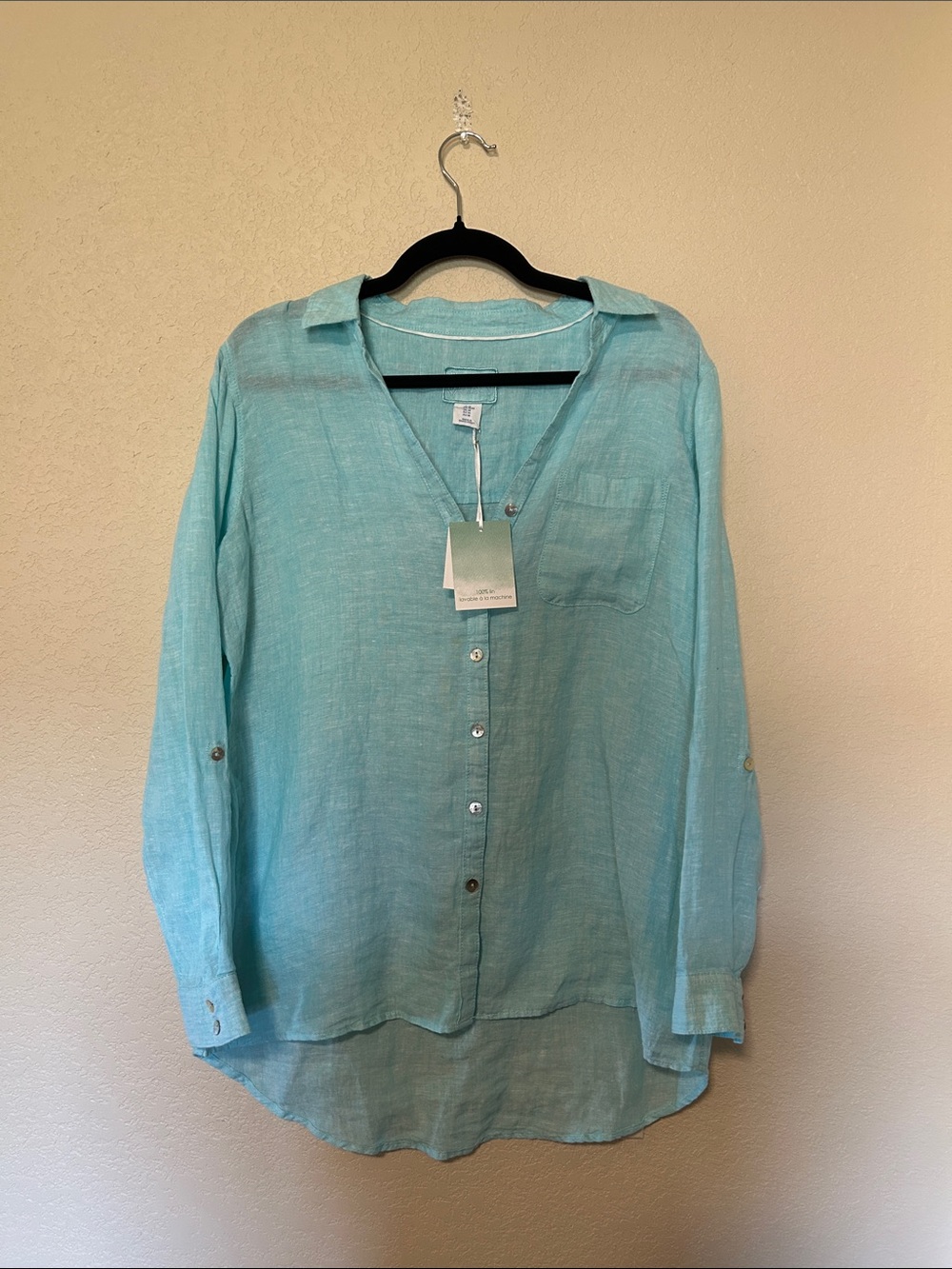 NWT Sigrid Olsen 100% Linen Button Down Shirt Women’s M Aqua Turquoise Coastal